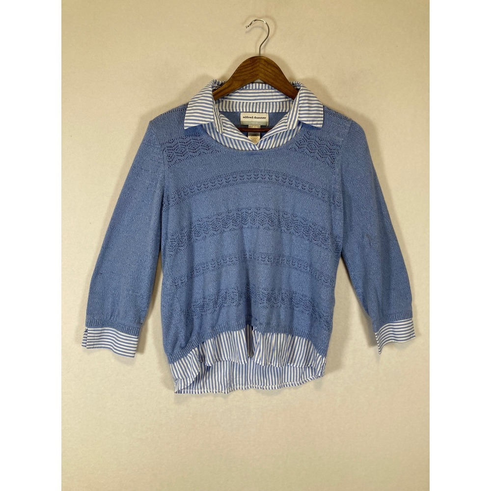 Preppy Coastal Alfred Dunner PM Blue Layered Pointelle Striped Knit Sweater